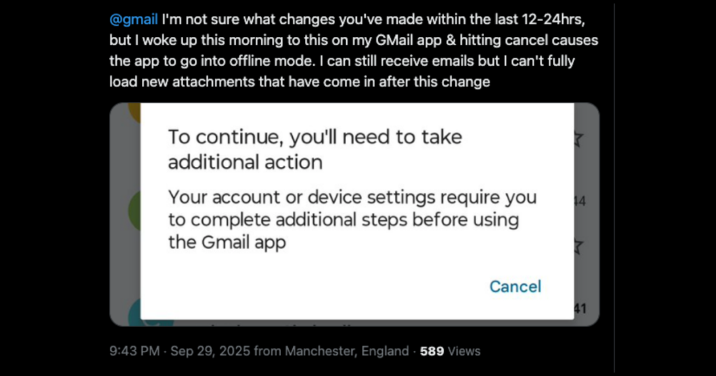 Gmailで「続行するには追加の対応が必要です」と表示される不具合